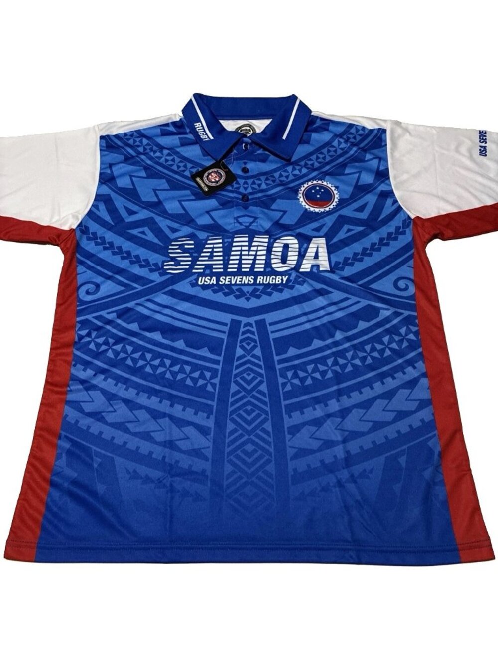 USA Sevens Rugby Samoa Polo Shirt Mens Medium Blue Tribal Pattern NWT Jersey New